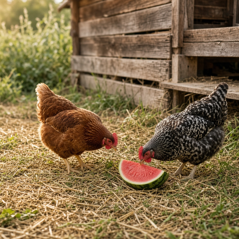 Hens scratching in the straw beside the coop