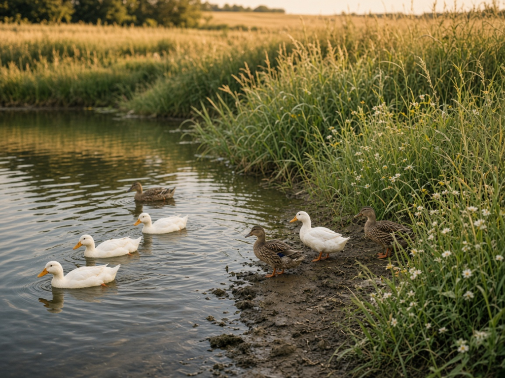 Farm ducks swimming and waddling at the edge of the pond