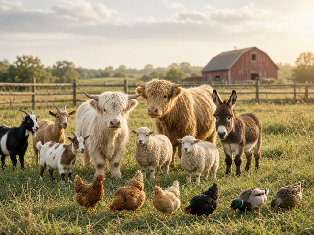 Highland cattle, mini donkey, goats, sheep, ducks and chickens together in the pasture