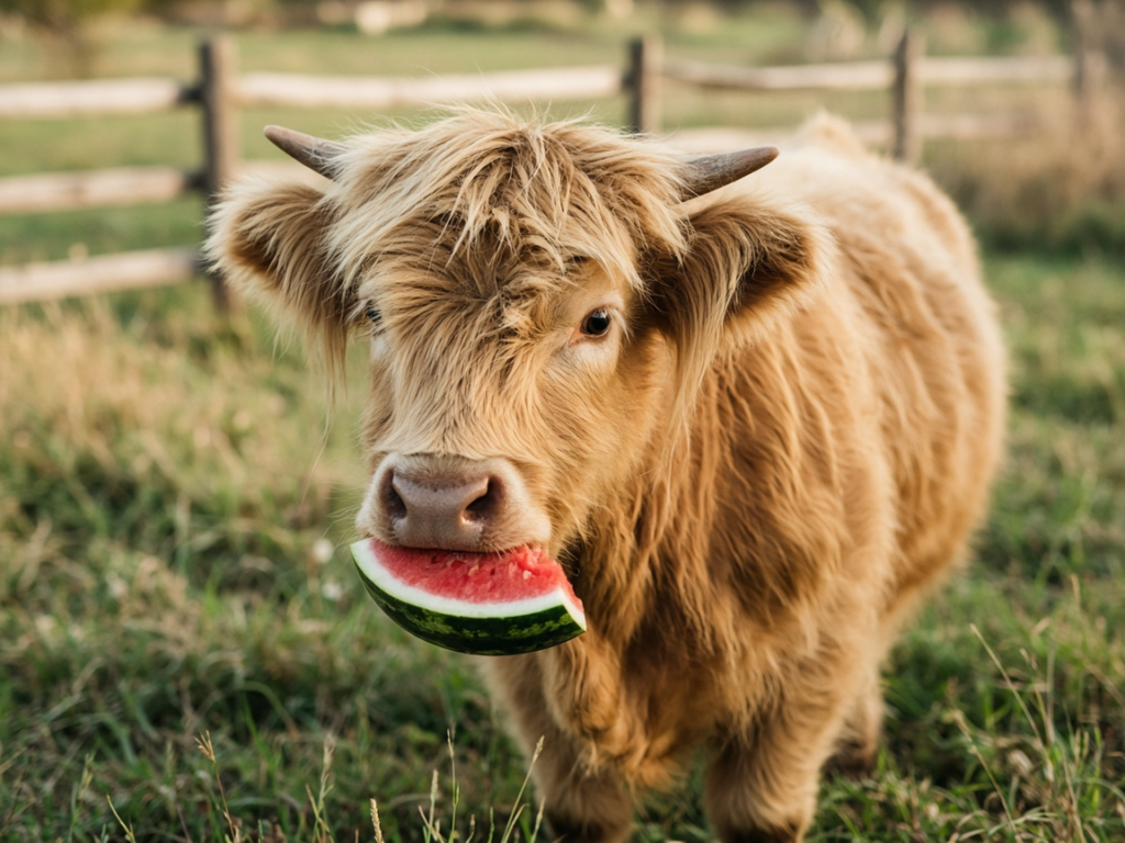 Hunny, the yellow Highland cross momma cow, enjoying a slice of watermelon
