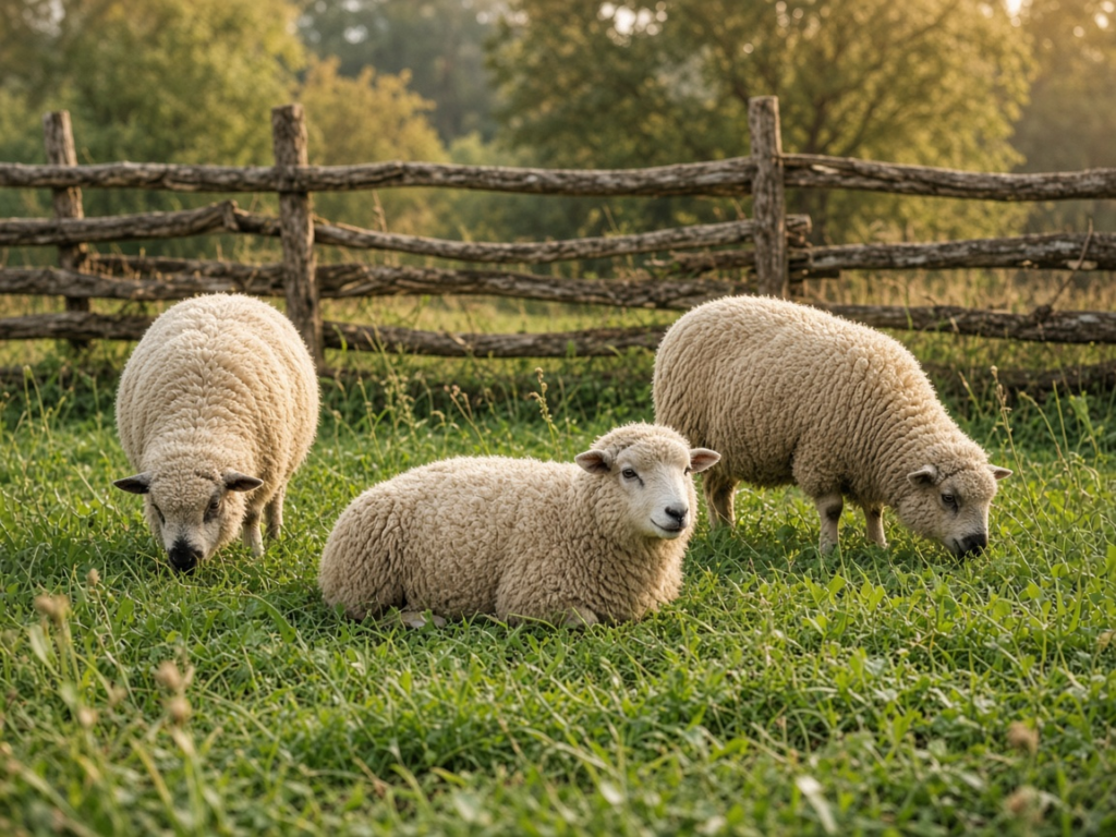 Babydoll sheep grazing and resting in the pasture